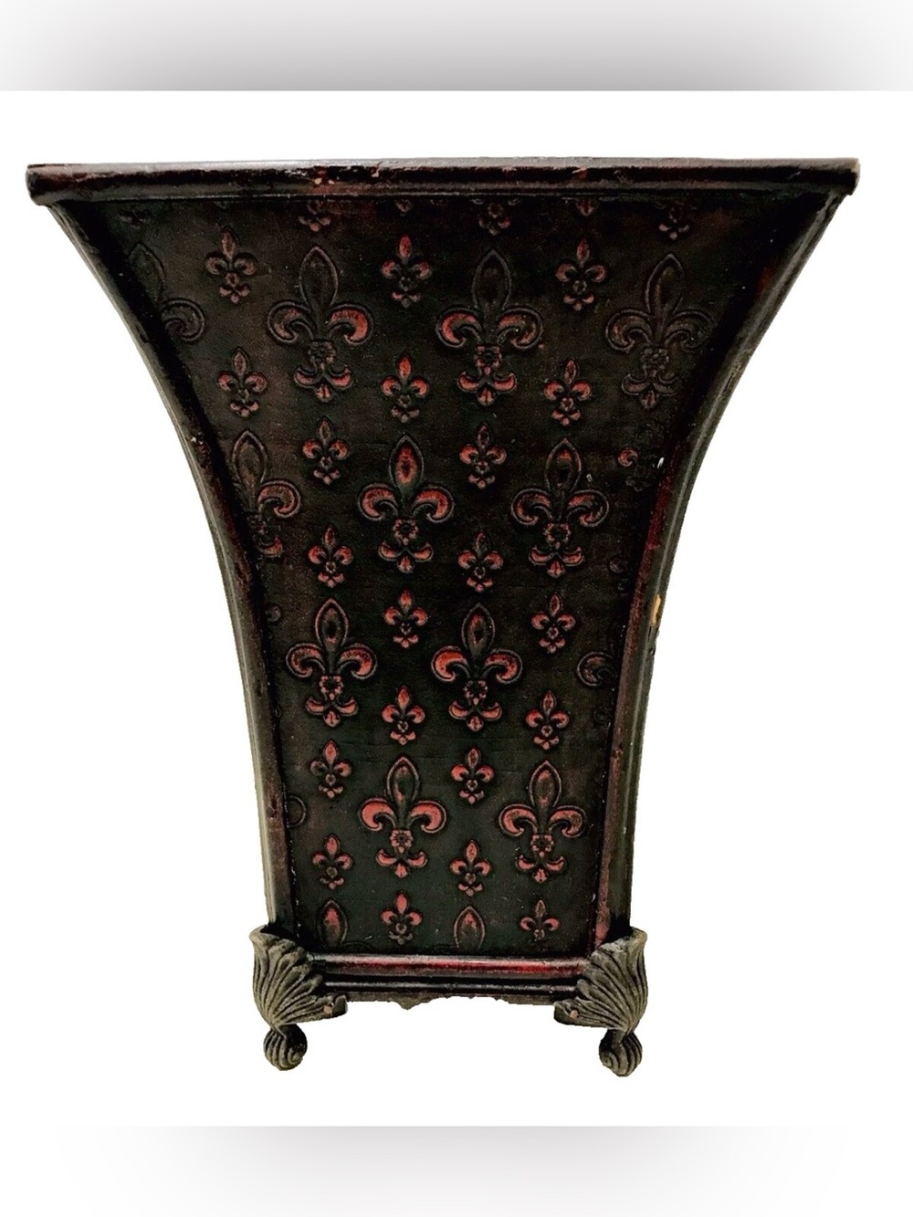 Fluer de Lis Embossed Pattern Footed Brown Solid Wood Planter French Home Decor